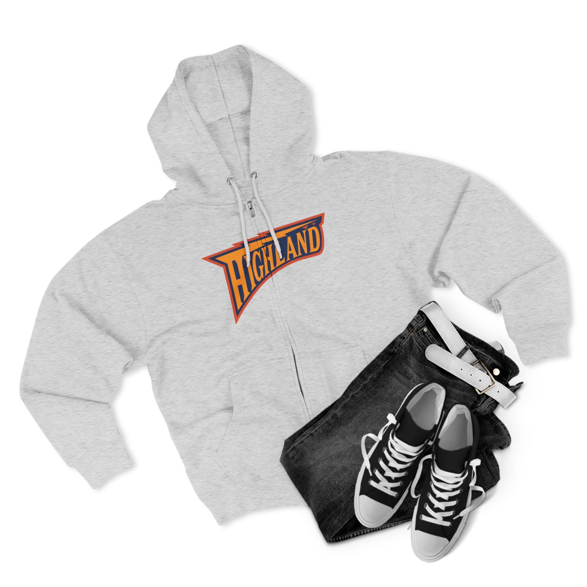 Highland pennant logo Zip Hoodie | Vintage collegiate style, gray zip-up